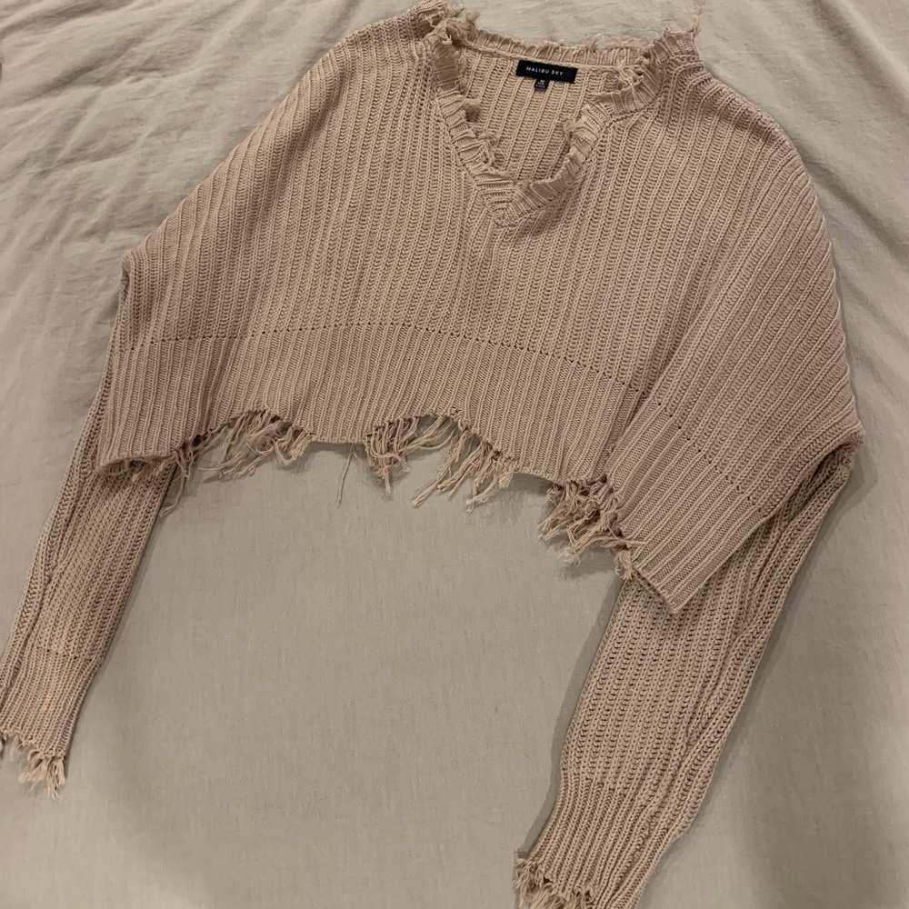 Malibu Sky Frayed Trim V-Neck  Sweater Beige